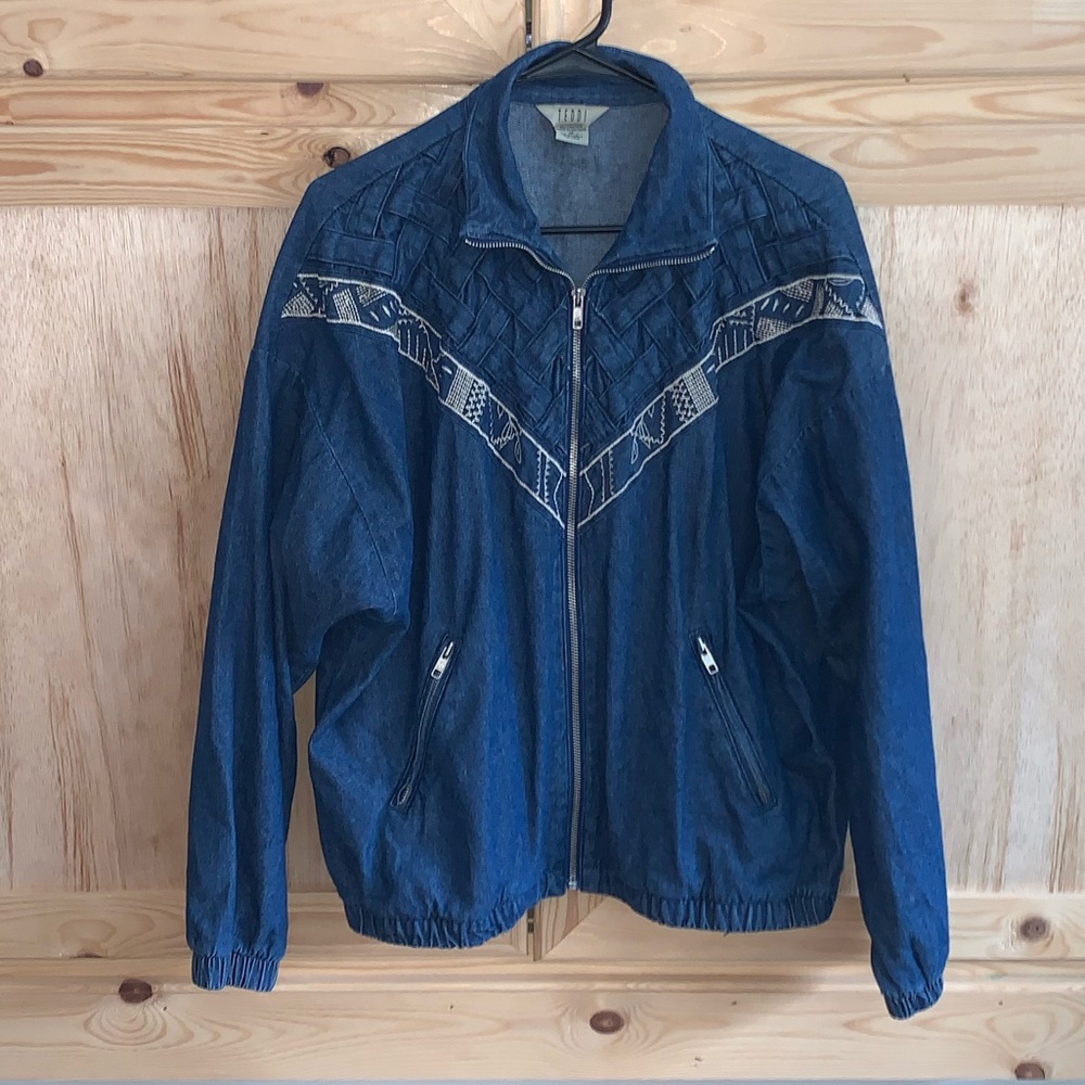Teddi VINTAGE tribal denim zip front bomber jacket size M